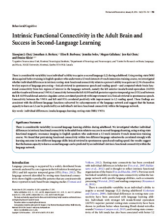 Intrinsic Functional Connectivity in the Adult Brain and Success in Second-Language Learning thumbnail