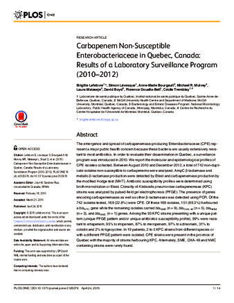 Carbapenem Non-Susceptible Enterobacteriaceae in Quebec, Canada: Results of a Laboratory Surveillance Program thumbnail