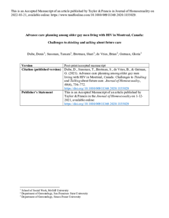 Advance Care Planning among Older Gay Men Living with HIV in Montreal, Canada: Challenges to Thinking and Talking about Future Care thumbnail