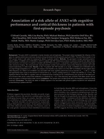 Association of a risk allele of ANK3 with cognitive performance and cortical thickness in patients with first-episode psychosis thumbnail