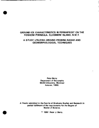 Ground ice characteristics in permafrost on the Fosheim Peninsula, Ellesmere Island, N.W.T. : a study utilizing ground probing radar and geomorphological techniques thumbnail