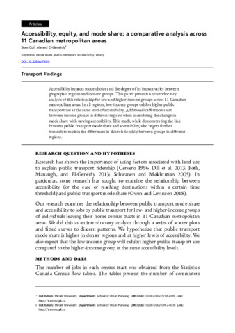 Accessibility, equity, and mode share: a comparative analysis across 11 Canadian metropolitan areas thumbnail