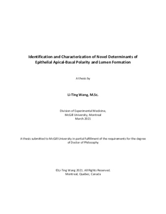 Identification and characterization of novel determinants of epithelial apical-basal polarity and lumen formation thumbnail