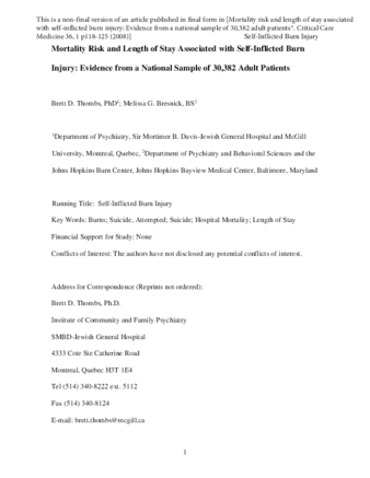 Mortality risk and length of stay associated with self-inflicted burn injury: evidence from a national sample of 30,382 adult patients thumbnail