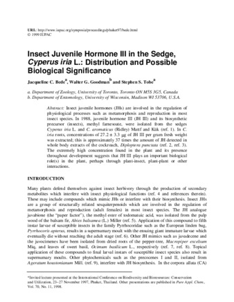 Insect Juvenile Hormone III in the Sedge, Cyperus iria L.: Distribution and Possible Biological Significance thumbnail