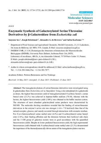 Enzymatic Synthesis of Galactosylated Serine/Threonine Derivatives by β-Galactosidase from Escherichia coli thumbnail