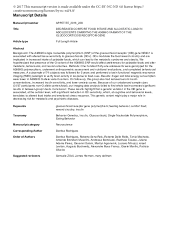 Decreased comfort food intake and allostatic load in adolescents carrying the A3669G variant of the glucocorticoid receptor gene thumbnail