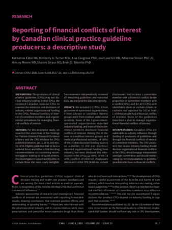 Reporting of financial conflicts of interest by Canadian clinical practice guideline producers: a descriptive study thumbnail