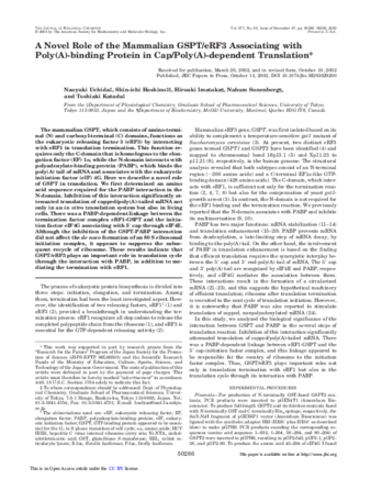 A Novel Role of the Mammalian GSPT/eRF3 Associating with Poly(A)-binding Protein in Cap/Poly(A)-dependent Translation thumbnail