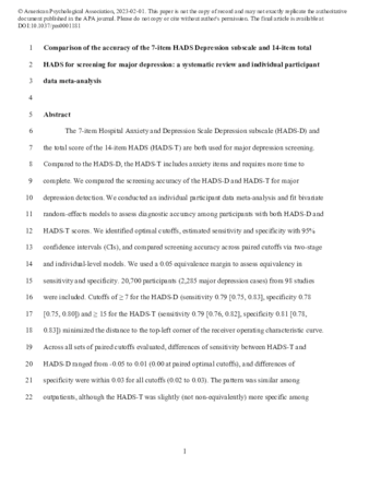 Comparison of the Accuracy of the 7-Item HADS Depression Subscale and 14-Item Total HADS for Screening for Major Depression: A Systematic Review and Individual Participant Data Meta-Analysis thumbnail