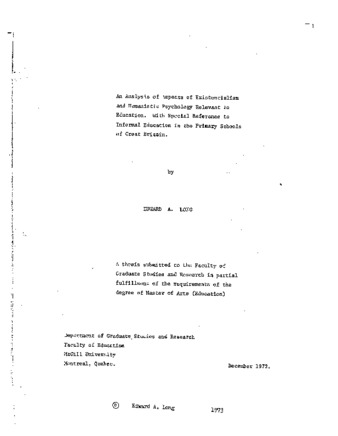 An analysis of aspects of existentialism and humanistic psychology relevant to education, with special reference to informal education in the primary schools of Great Britain / thumbnail