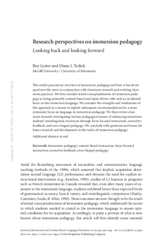 Research perspectives on immersion pedagogy: Looking back and looking forward thumbnail