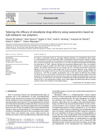 Tailoring the efficacy of nimodipine drug delivery using nanocarriers based on A2B miktoarm star polymers thumbnail