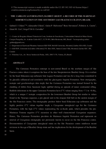 The Carrancas Formation, Bambuí Group: A record of pre-Marinoan sedimentation on the southern São Francisco craton, Brazil thumbnail