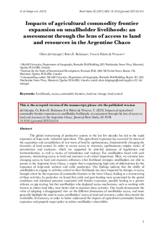 Impacts of agricultural commodity frontier expansion on smallholder livelihoods: An assessment through the lens of access to land and resources in the Argentine Chaco thumbnail
