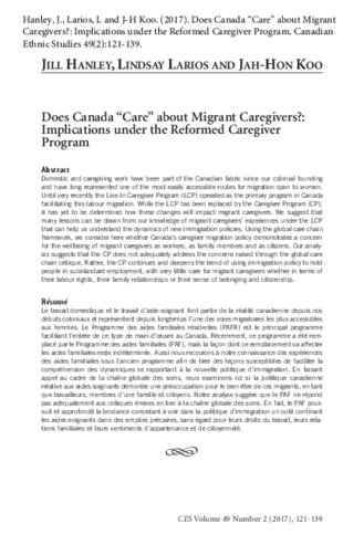 Does Canada “Care” about Migrant Caregivers?: Implications under the Reformed Caregiver Program thumbnail