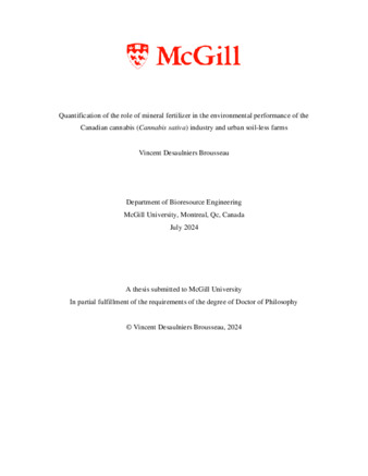 Quantification of the role of mineral fertilizer in the environmental performance of the Canadian cannabis (Cannabis Sativa) industry and urban soil-less farms thumbnail