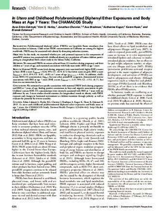 In Utero and Childhood Polybrominated Diphenyl Ether Exposures and Body Mass at Age 7 Years: The CHAMACOS Study thumbnail