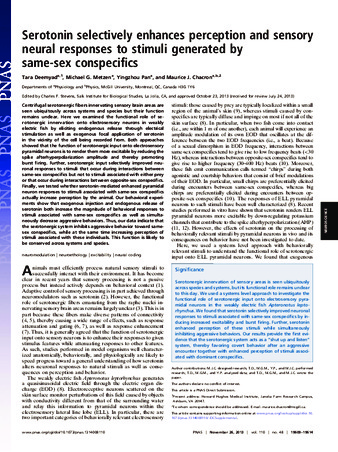 Serotonin selectively enhances perception and sensory neural responses to stimuli generated by same-sex conspecifics thumbnail