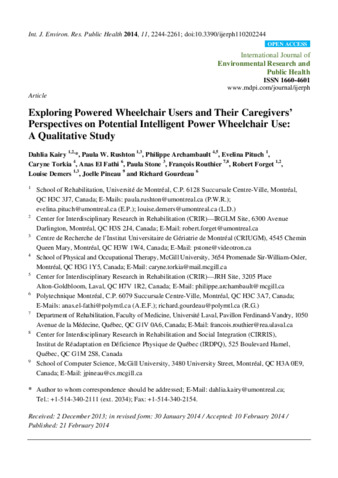 Exploring Powered Wheelchair Users and Their Caregivers’ Perspectives on Potential Intelligent Power Wheelchair Use: A Qualitative Study thumbnail