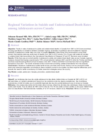 Regional Variations in Suicide and Undetermined Death Rates among Adolescents across Canada thumbnail