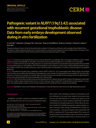 Pathogenic variant in NLRP7 (19q13.42) associated with recurrent gestational trophoblastic disease: Data from early embryo development observed during in vitro fertilization thumbnail