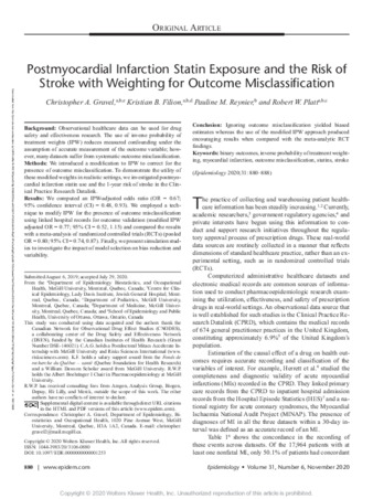 Postmyocardial Infarction Statin Exposure and the Risk of Stroke with Weighting for Outcome Misclassification thumbnail