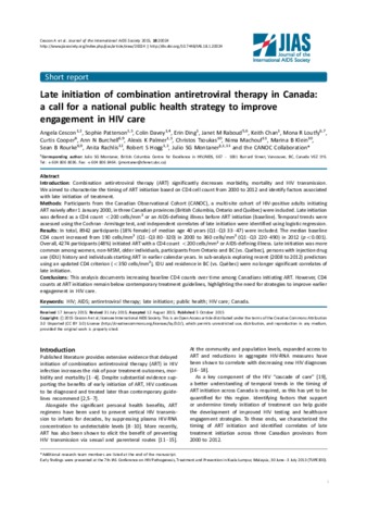 Late initiation of combination antiretroviral therapy in Canada: a call for a national public health strategy to improve engagement in HIV care thumbnail