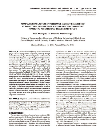 Adaptation to lactose intolerance may not be achieved by long term ingestion of a multi-species containing probiotic: an extended preliminary study thumbnail