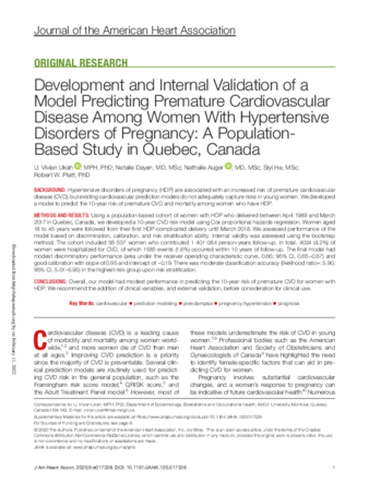 Development and Internal Validation of a Model Predicting Premature Cardiovascular Disease Among Women With Hypertensive Disorders of Pregnancy: A Population‐Based Study in Quebec, Canada thumbnail
