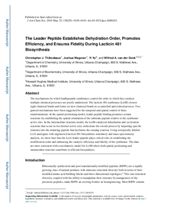 The Leader Peptide Establishes Dehydration Order, Promotes Efficiency, and Ensures Fidelity During Lacticin 481 Biosynthesis thumbnail