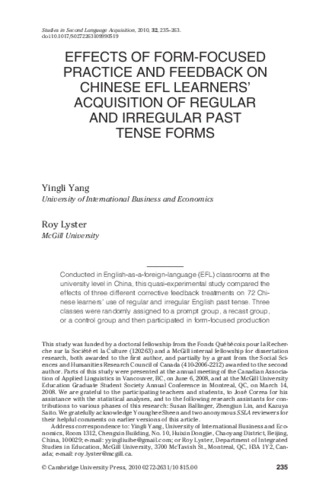 Effects of form-focused practice and feedback on Chinese EFL learners’ acquisition of regular and irregular past-tense forms thumbnail