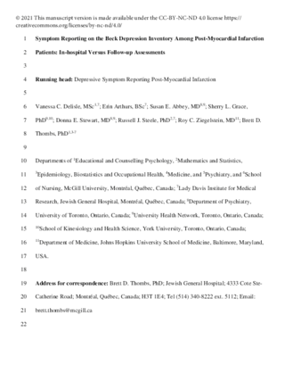 Symptom Reporting on the Beck Depression Inventory Among Post-Myocardial Infarction 1 Patients: In-hospital Versus Follow-up Assessments thumbnail