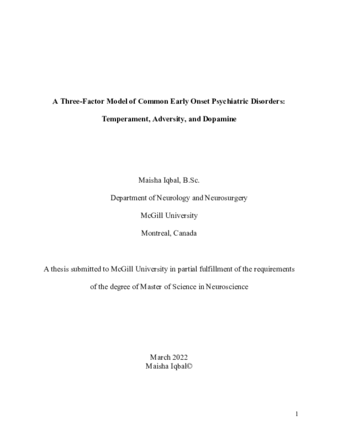 A Three-Factor Model of Common Early Onset Psychiatric Disorders:  Temperament, Adversity, and Dopamine thumbnail