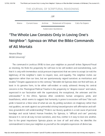 “The Whole Law Consists Only in Loving One’s Neighbor”: Spinoza on What the Bible Commands of All Mortals thumbnail