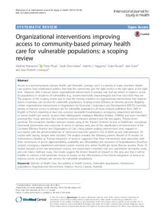 Organizational interventions improving access to community-based primary health care for vulnerable populations: a scoping review thumbnail