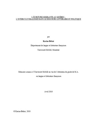 L'écriture migrante au Québec: l'interculturalisme dans le discours littéraire et politique thumbnail
