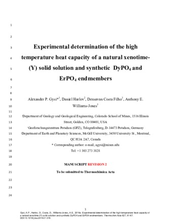 Experimental determination of the high temperature heat capacity of a natural xenotime-(Y) solid solution and synthetic DyPO4 and ErPO4 endmembers thumbnail