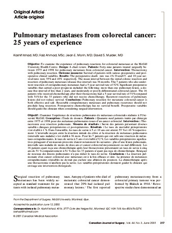 Pulmonary metastases from colorectal cancer: 25 years of experience thumbnail