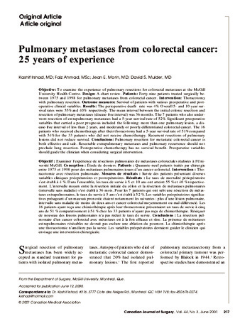 Pulmonary metastases from colorectal cancer: 25 years of experience thumbnail