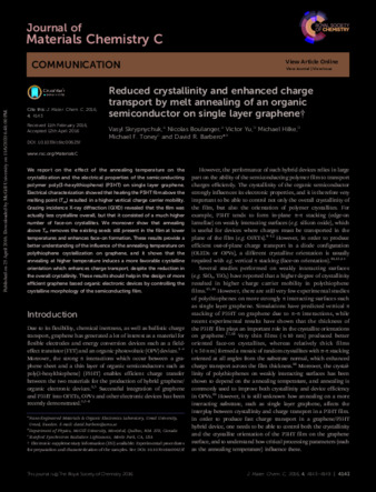 Reduced crystallinity and enhanced charge transport by melt annealing of an organic semiconductor on single layer graphene thumbnail