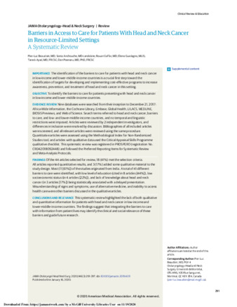 Barriers in Access to Care for Patients With Head and Neck Cancer in Resource-Limited Settings A Systematic Review thumbnail