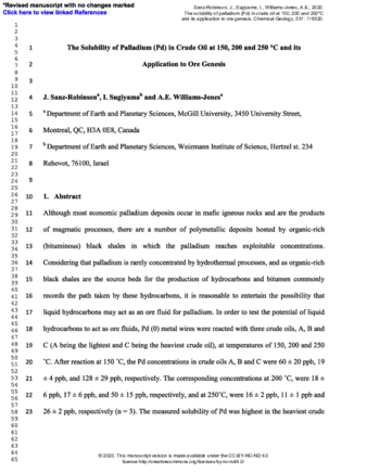 The solubility of palladium (Pd) in crude oil at 150, 200 and 250°C and its application to ore genesis thumbnail