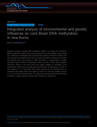 Integrated analysis of environmental and genetic influences on cord blood DNA methylation in new-borns thumbnail