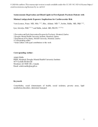 Socioeconomic Deprivation and Blood Lipids in First-Episode Psychosis Patients with Minimal Antipsychotic Exposure: Implications for Cardiovascular Risk thumbnail