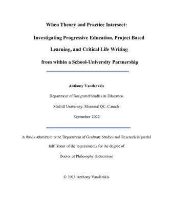 When theory and practice intersect:  Investigating progressive education, project based learning, and critical life writing  from within a School-University Partnership thumbnail