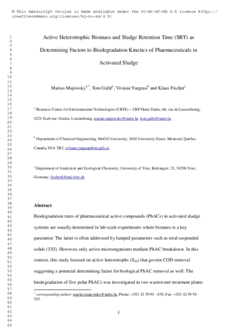 Active heterotrophic biomass and sludge retention time (SRT) as determining factors for biodegradation kinetics of pharmaceuticals in activated sludge thumbnail