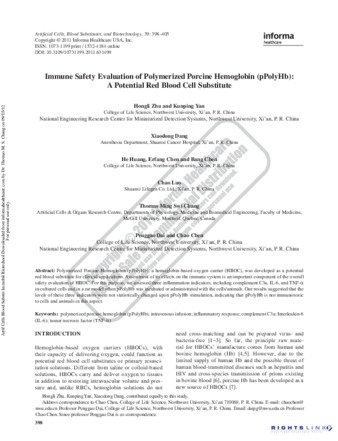 Immune Safety Evaluation of Polymerized Porcine Hemoglobin (pPolyHb) - a Potential Red Blood Cell Substitutes. thumbnail