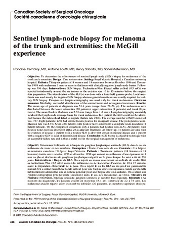 Sentinel lymph-node biopsy for melanoma of the trunk and extremities: the McGill experience thumbnail