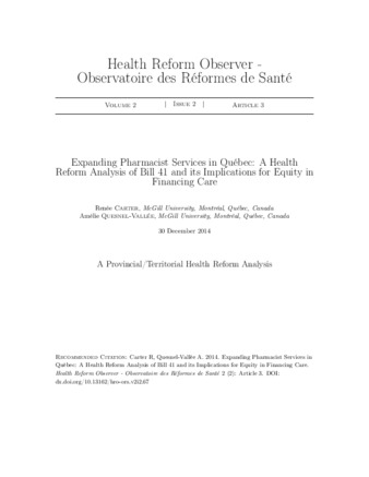 Expanding Pharmacist Services inQuébec: A Health Reform Analysis of Bill 41 and its Implications for Equity in Financing Care thumbnail